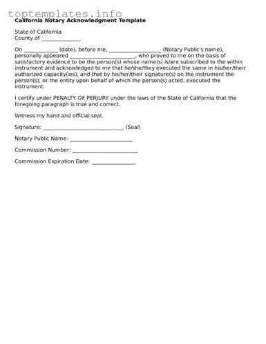 Printable Notary Acknowledgement Document for the State of California