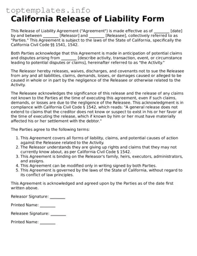 Printable Release of Liability Document for the State of California