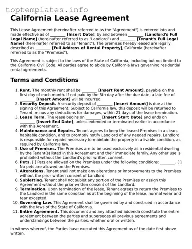 Printable Lease Agreement Document for the State of California