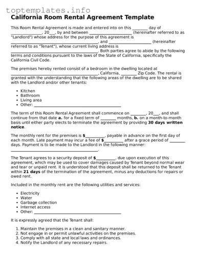 Printable Room Rental Agreement Document for the State of California