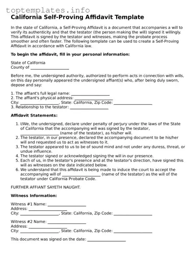 Printable Self-Proving Affidavit Document for the State of California