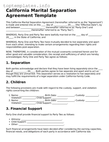 Printable Marital Separation Agreement Document for the State of California