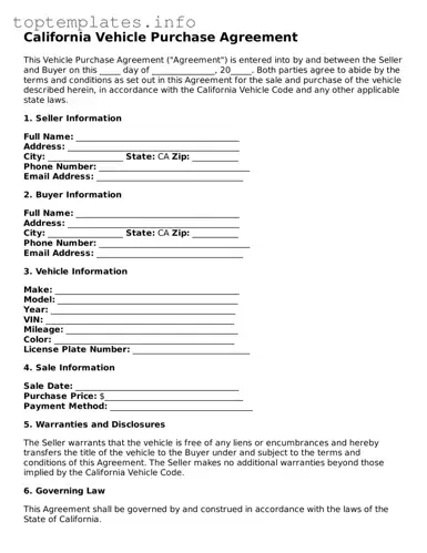 Printable Vehicle Purchase Agreement Document for the State of California