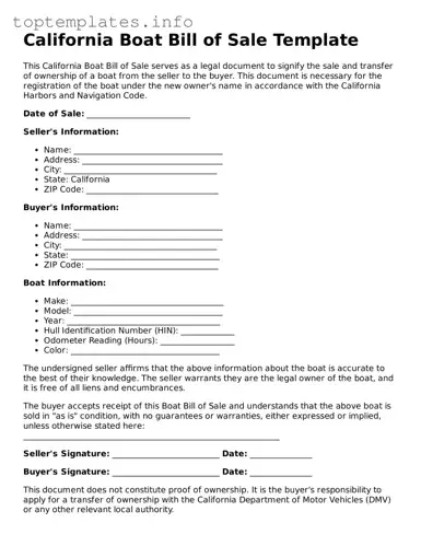 Printable Boat Bill of Sale Document for the State of California