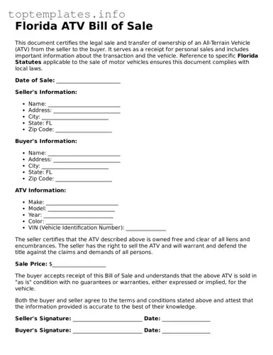 Printable ATV Bill of Sale Document for the State of Florida