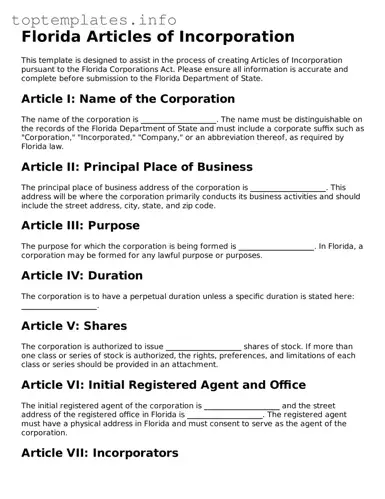 Printable Articles of Incorporation Document for the State of Florida