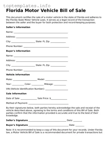 Printable Motor Vehicle Bill of Sale Document for the State of Florida