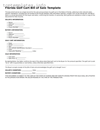 Printable Golf Cart Bill of Sale Document for the State of Florida