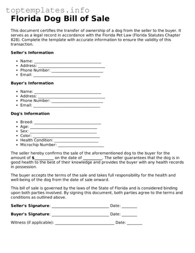 Printable Dog Bill of Sale Document for the State of Florida