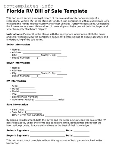 Printable RV Bill of Sale Document for the State of Florida