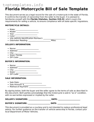Printable Motorcycle Bill of Sale Document for the State of Florida
