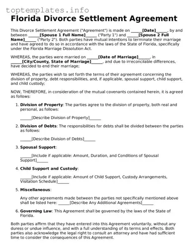 Printable Divorce Settlement Agreement Document for the State of Florida