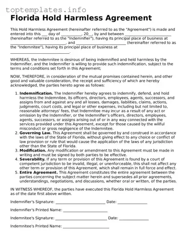 Printable Hold Harmless Agreement Document for the State of Florida