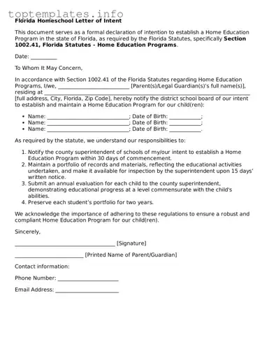 Printable Homeschool Letter of Intent Document for the State of Florida
