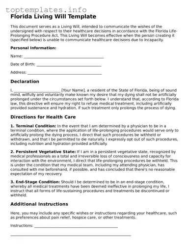 Printable Living Will Document for the State of Florida