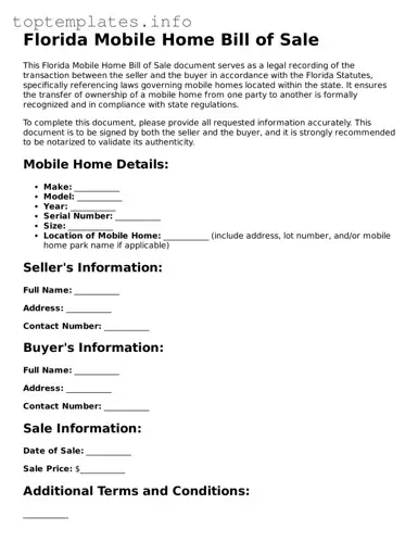 Printable Mobile Home Bill of Sale Document for the State of Florida