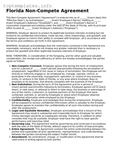 Printable Non-compete Agreement Document for the State of Florida