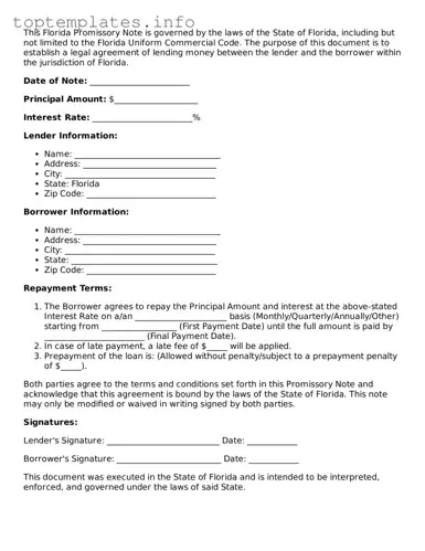 Printable Promissory Note Document for the State of Florida