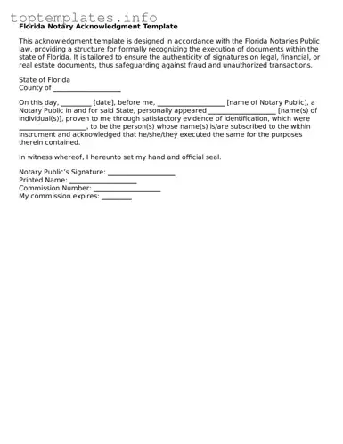 Printable Notary Acknowledgement Document for the State of Florida
