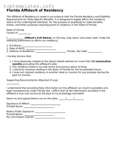 Printable Affidavit of Residency Document for the State of Florida