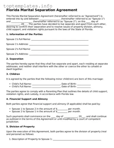 Printable Marital Separation Agreement Document for the State of Florida