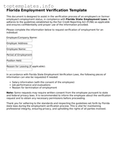 Printable Employment Verification Document for the State of Florida