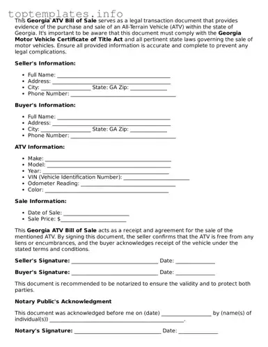 Printable ATV Bill of Sale Document for the State of Georgia