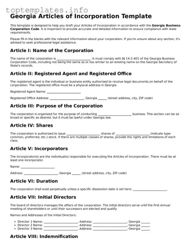 Printable Articles of Incorporation Document for the State of Georgia