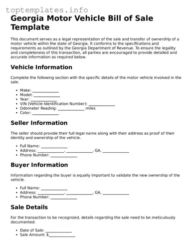 Printable Motor Vehicle Bill of Sale Document for the State of Georgia