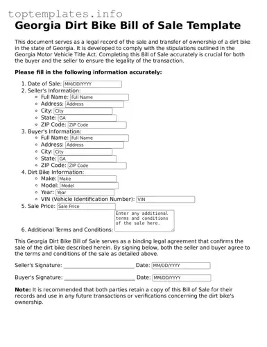 Printable Dirt Bike Bill of Sale Document for the State of Georgia