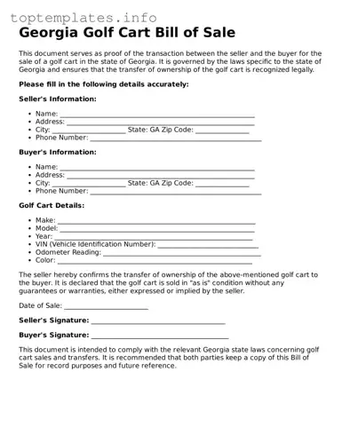 Printable Golf Cart Bill of Sale Document for the State of Georgia