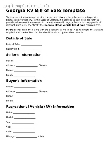 Printable RV Bill of Sale Document for the State of Georgia