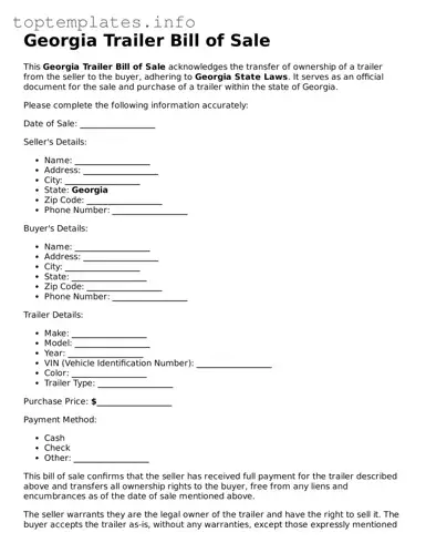 Printable Trailer Bill of Sale Document for the State of Georgia