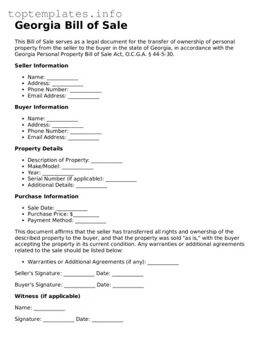 Printable Bill of Sale Document for the State of Georgia