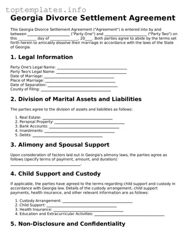 Printable Divorce Settlement Agreement Document for the State of Georgia