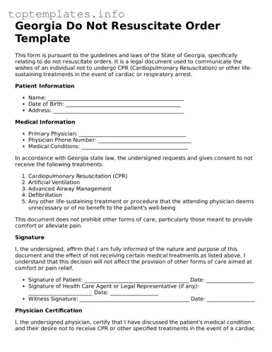 Printable Do Not Resuscitate Order Document for the State of Georgia