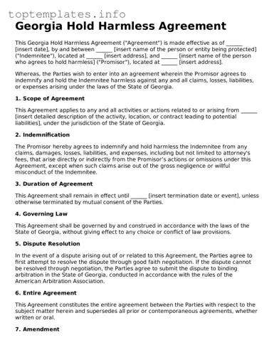 Printable Hold Harmless Agreement Document for the State of Georgia