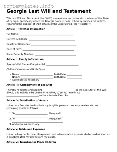 Printable Last Will and Testament Document for the State of Georgia