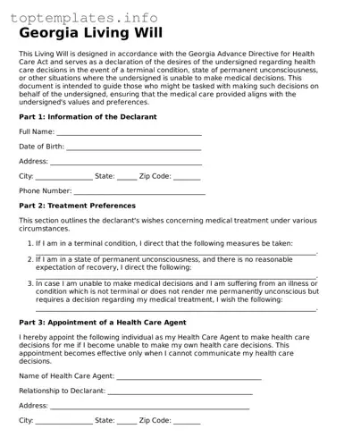 Printable Living Will Document for the State of Georgia