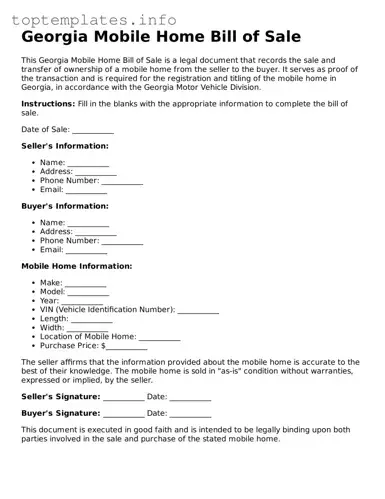 Printable Mobile Home Bill of Sale Document for the State of Georgia