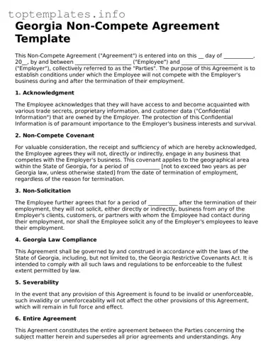 Printable Non-compete Agreement Document for the State of Georgia