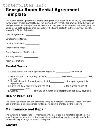 Printable Room Rental Agreement Document for the State of Georgia