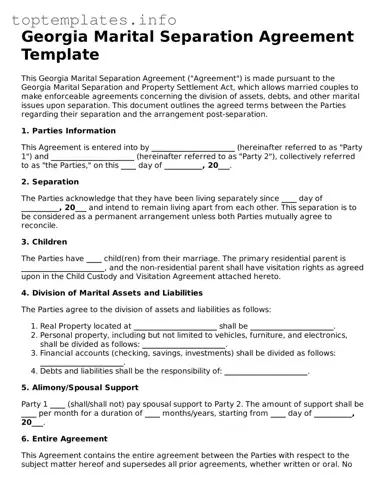 Printable Marital Separation Agreement Document for the State of Georgia