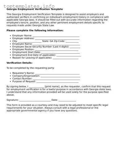 Printable Employment Verification Document for the State of Georgia