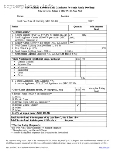 Fill in Your LADBS NEC Standard Electrical Load Calculation Form