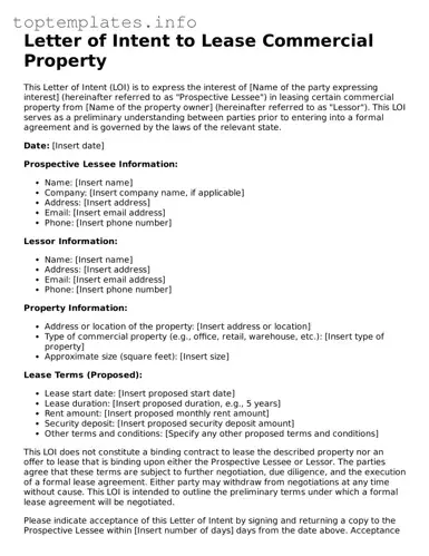 Attorney-Approved Letter of Intent to Lease Commercial Property Template