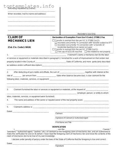 Fill in Your Mechanics Lien California Form
