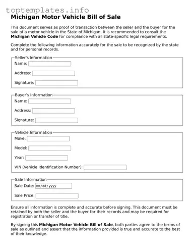 Printable Motor Vehicle Bill of Sale Document for the State of Michigan