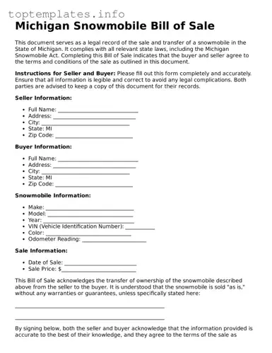 Printable Snowmobile Bill of Sale Document for the State of Michigan