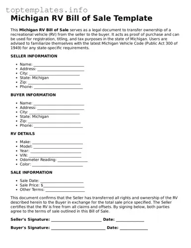 Printable RV Bill of Sale Document for the State of Michigan